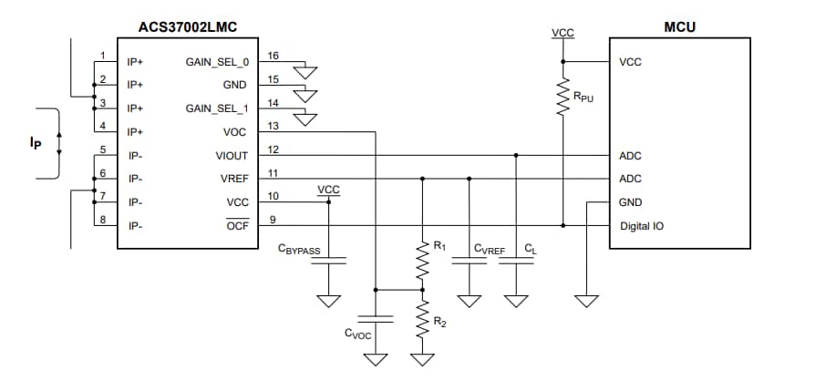 アプリケーション回路図 - Allegro MicroSystems ACS37002 400kHz高精度電流センサIC